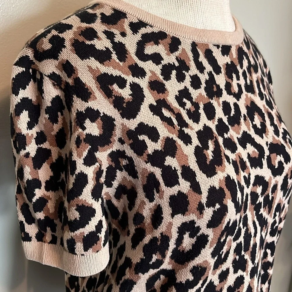J.Crew short sleeve crew neck sweater blouse all over animal print, tan/brown